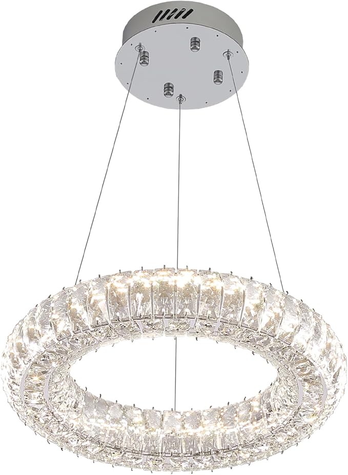 Modern Crystal Chandelier Dimmable LED 15.7" Ring Pendant Light Adjustable Round Chrome Crystal Chandelier Light Fixtures for Dining Room Living Room