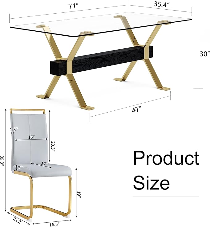 7 Piece Glass Dining Table Set, Kitchen Table Chairs Set for 6, 71'' Dining Table with 0.4" Tempered Glass Tabletop with Plated Metal Legs and MDF Crossbar, 6 PU Chairs for Dining Room, Kitchen.