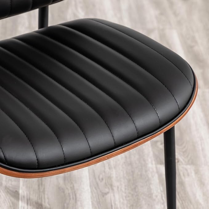 LUNLING Dining Chairs Set of 4 Mid Century Modern Retro Faux Leather Chair with Walnut Bentwood Upholstered Seat Metal Legs Chairs,Adjustable Foot for Kitchen Dining Room Chairs(Black)