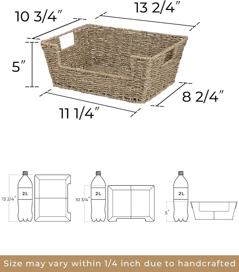 StorageWorks Wicker Storage Basket for Pantry Organizers and Storage, Stackable Seagrass Pantry Baskets for Shelves, 2-Pack