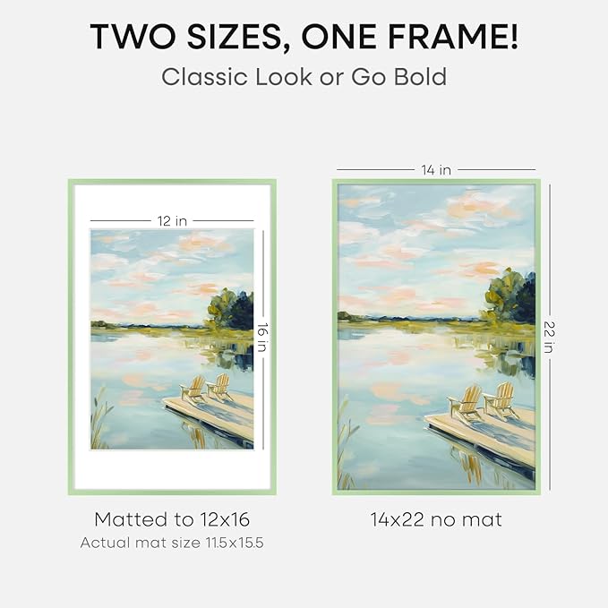 Homeforia 14x22 Picture Frame Sage Green, High End Metal 14x22 Poster Frames with Mat 12x16 inch Photo, 14 x 22 Sage Green Frame Matted to 12 by 16 Art, 22x14 Frame, Tempered Glass, Wall Kit, Set of 1