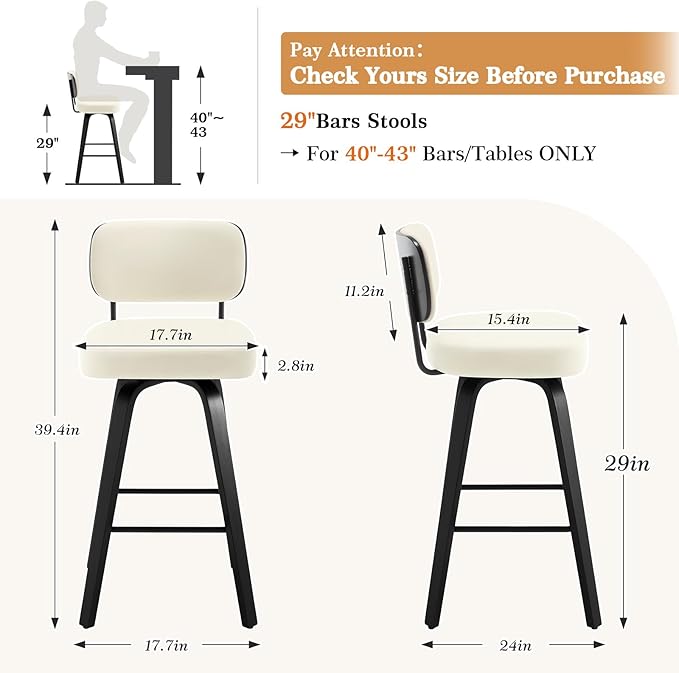 Swivel Bar Height Stools Set of 4, Upholstered Faux Leather Barstools with Back, 29" Seat Height Tall Bar Stools for Kitchen Counter, Black Wood Frame, Cream White