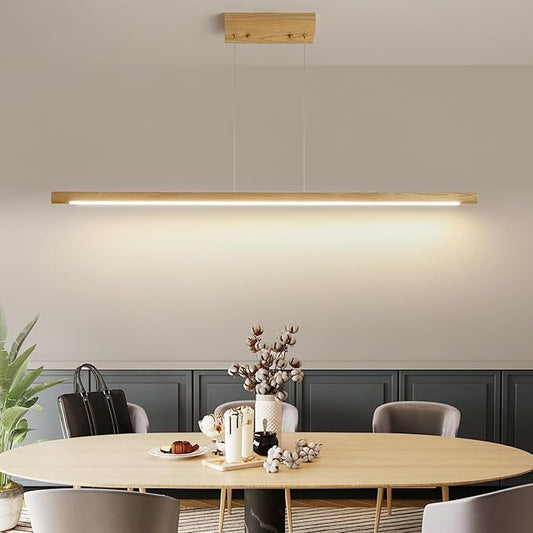 Wooden Linear Pendant Light, 47" Dimmable Pool Table Island Lights for Kitchen, LED Ceiling Pendant Lamp for Dining Room Billiard Room, Adjustable Height，Natural Ash