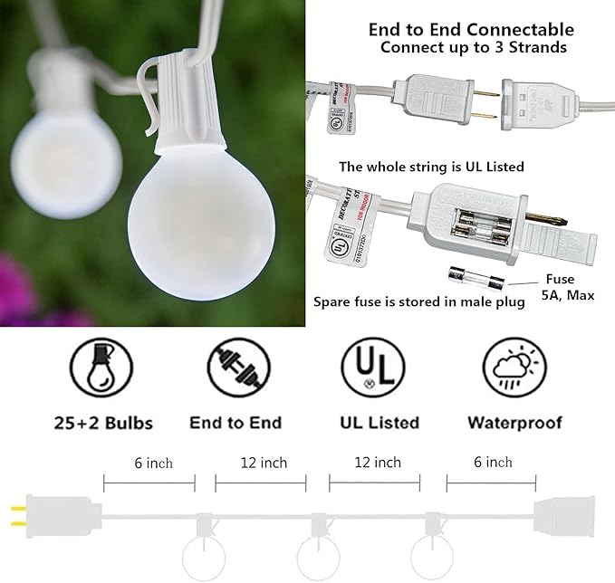 SUNSGNE 25Ft Outdoor Patio Lights G40 Globe String Lights with 27 Frosted White Bulbs, Waterproof Connectable Hanging String Lights for Christmas Patio House Backyard Balcony Party, White Wire