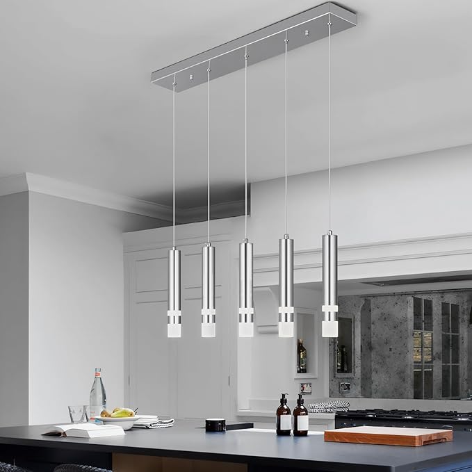 5-Light Dining Room Modern Pendant Light Kitchen Fixture Dimmable LED Chrome Mini Pendant Lighting fo Kitchen Island Study Pendant Lights