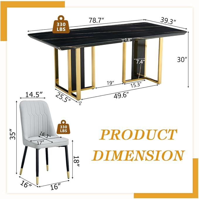 TesNus 79" Black Dining Table Set for 8 with Chairs,Large Faux Marble Kitchen Table and Chairs Set Rectangular 9 Piece Dining Room Set with Gold Metal Legs,Easy Assemble,Stable Base