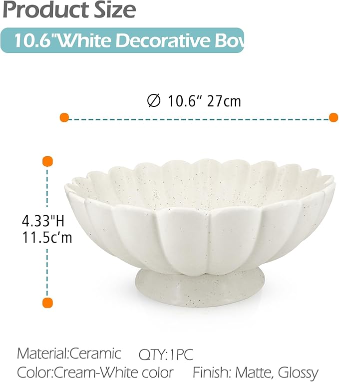 Large Fruit Bowl for Kitchen Counter-10.6" White Ceramic Fluted Scalloped Decorative Footed Bowl -Elegant Pedestal Display Bowls for Entryway Table, Perfect for Housewarming &Wedding Gift