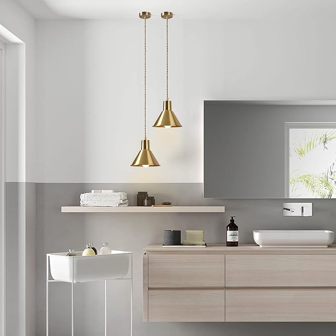 KCO Lighting Brushed Gold Pendant Lighting Modern Cone Pendant Light Brass Mini Hanging Kitchen Island Light Fixture Mid Century Vintage Hanging Ceiling Lamp