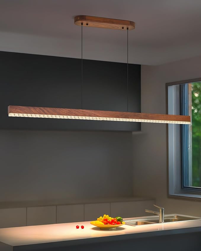 59" Wood Linear Pendant Light, Dimmable Kitchen Island Lighting with Remote, 30W LED Island Lights for Kitchen, Adjustable Linear Chandelier for Dinning Room Light Fixture, Bar, Pool Table - Walnut