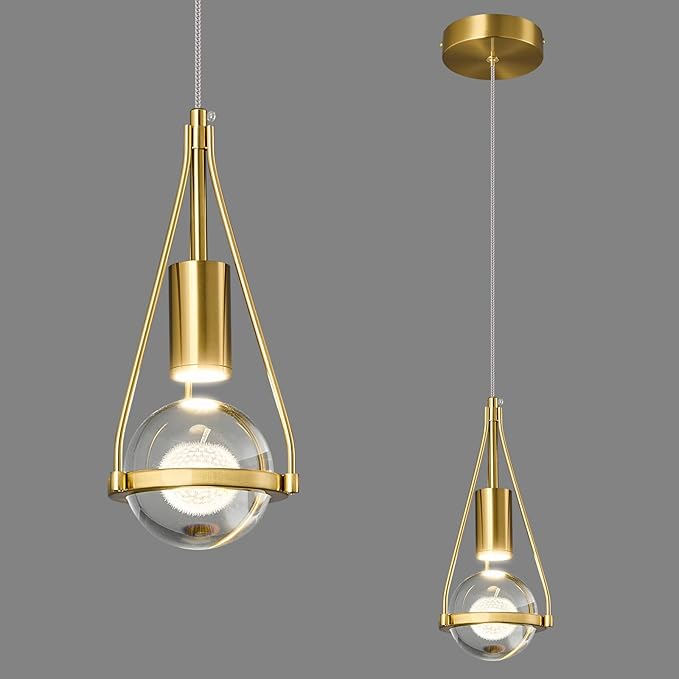 Gold Dandelion Pendant Light in Brushed Brass Finish, 1-Light Mini Globe Modern Crystal Kitchen Island Pendant Lighting Dimmable LED Hanging Ceiling Light Fixture for Bathroom Bedroom