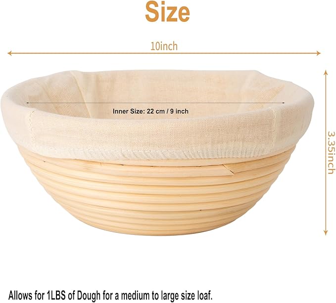 Banneton Bread Proofing Basket - Banneton Basket Set of 2 Pack 10 inch Round Sourdough Proofing Basket with Liner - Handmade Rattan Proofing Rising Bowl for Artisan Bread Making Baking Supplies