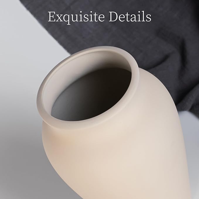 Beige Ceramic Vase Home Decor, 9 Inch Ceramic Wide Mouth Pottery Vase for Farmhouse, Vintage Terracotta Rustic Decor for Living Room, Entryway, Floor, Mantel Decoration