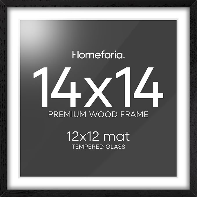 Homeforia 14x14 Black Wood Frame, High End Oak 14 x 14 Square Picture Frames with Mat 12 by 12 inches Photo, 14by14 Black Wooden Poster Frames Matted to 12x12 Print, Tempered Glass, Wall Kit, Set of 1