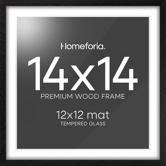Homeforia 14x14 Black Wood Frame, High End Oak 14 x 14 Square Picture Frames with Mat 12 by 12 inches Photo, 14by14 Black Wooden Poster Frames Matted to 12x12 Print, Tempered Glass, Wall Kit, Set of 1