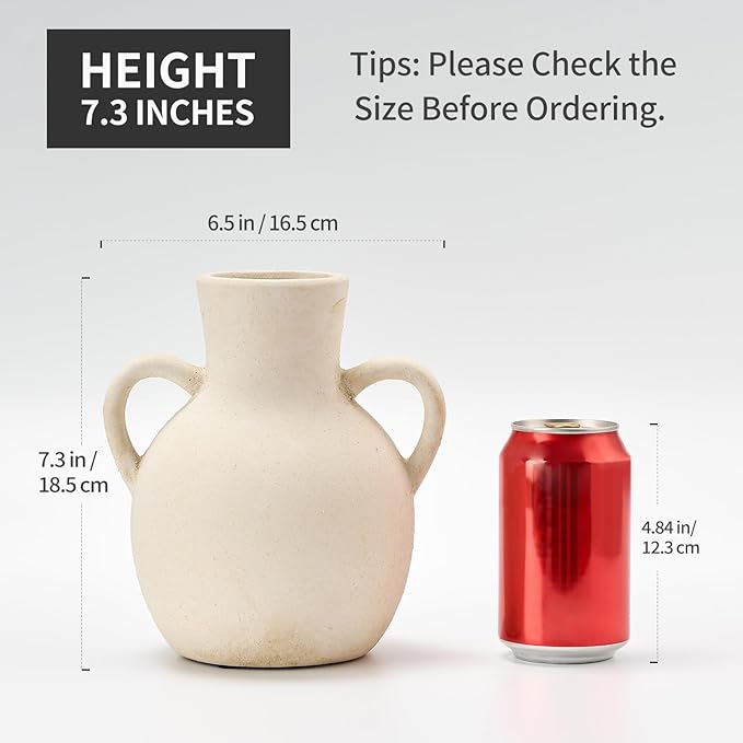 SIDUCAL Rustic Ceramic Farmhouse Flower Vase with 2 Handles, Terracotta Vase, Decorative Pottery Flower for Home Decor, Table, Wedding, Living Room, Shelf Decor, 7.3 Inch, White