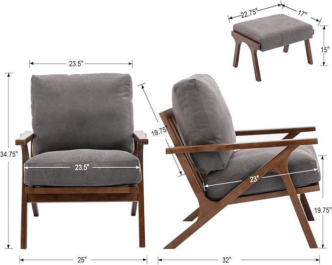 Wahson Mid Century Arm Chair and Ottoman Set, Upholstered Accent Armchair with Wood Frame and Canvas Cushions, Leisure Slipper Chair for Living Room/Bedroom, Grey