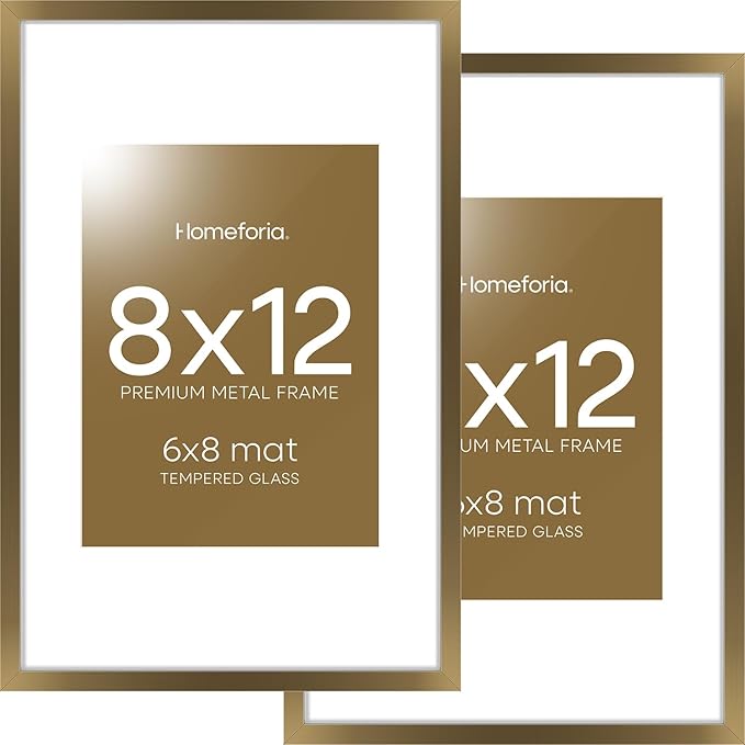 Homeforia 8x12 Picture Frame Bronze, High End Metal 8 x 12 Brass Frames with Mat 6 by 8 for Photo, 12x8 Frame Matted to 6x8 inch Print, 8by12 Wall or Tabletop Frame, Tempered Glass, Wall Kit, Set of 2