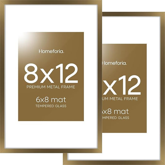 Homeforia 8x12 Picture Frame Bronze, High End Metal 8 x 12 Brass Frames with Mat 6 by 8 for Photo, 12x8 Frame Matted to 6x8 inch Print, 8by12 Wall or Tabletop Frame, Tempered Glass, Wall Kit, Set of 2