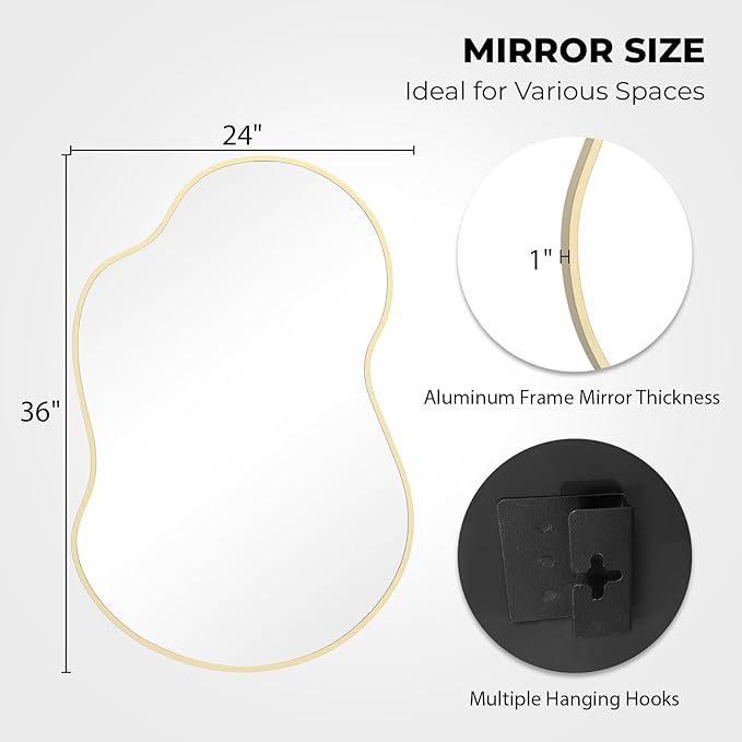 WallBeyond Gold Asymmetrical Mirror, Modern Irregular Wall Mirror with Aluminum Frame for Bedroom, Bathroom, Living Room, and Entryway 36" H x 24" W (Gold)