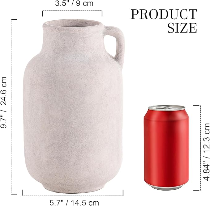 Ceramic Flower Vase Home Decor - 9.7 inch Large White Rustic Table Flowers Vases Living Room Bedroom Plant Decoration Farmhouse Vintage for Kitchen Shelf Office Coffee Dining Desk House Women