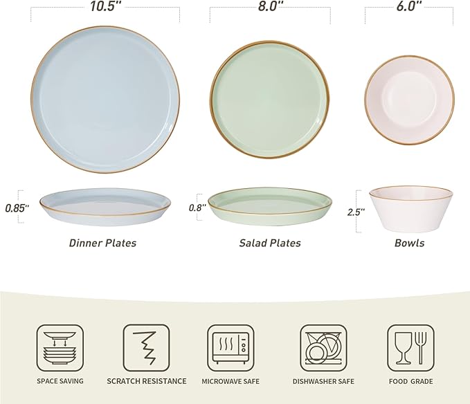 Famiware Saturn Dinnerware Sets, Plates and Bowls Sets for 4, 12 Pieces Stoneware Dish Set - Chip and Scratch Resistant, Microwave and Dishwasher Safe Tableware Set, Multi-color with Rim