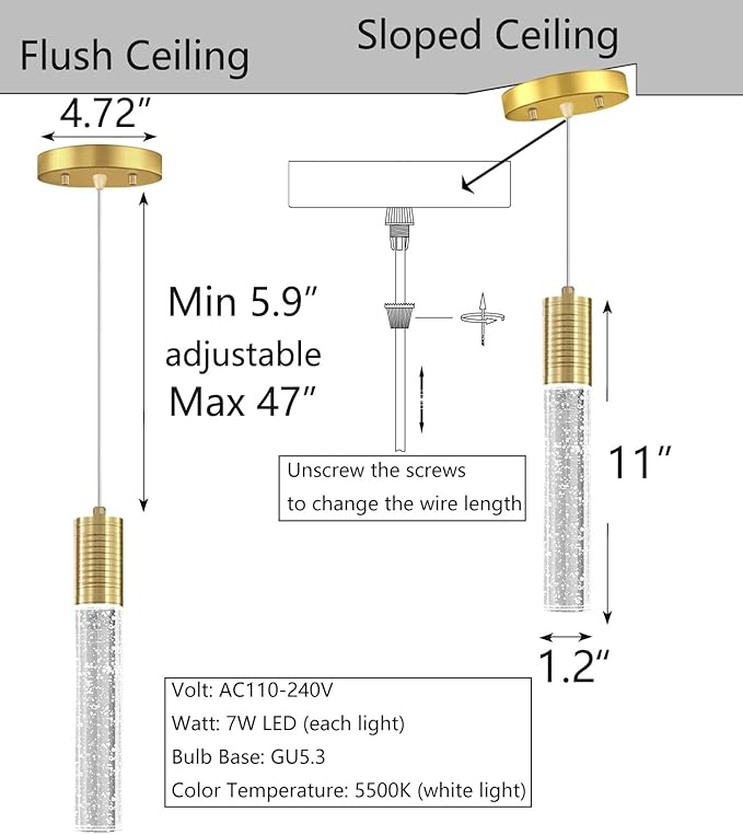 Set of 2 Pendant Lights for Kitchen Island, White Light, Gold Crystal Linear Pendant Lighting, Bar Corner LED Light Fixture