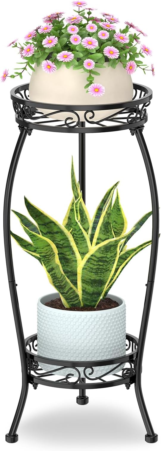 LASZOLA 2 Tier Black Plant Stand Indoor Outdoor for Large Tall Flower Planters on Patio, Heavy Duty Metal Multi Vertical Rack for Narrow Floor Corner, Sturdy Round Holder Organizer Modern Mid Century