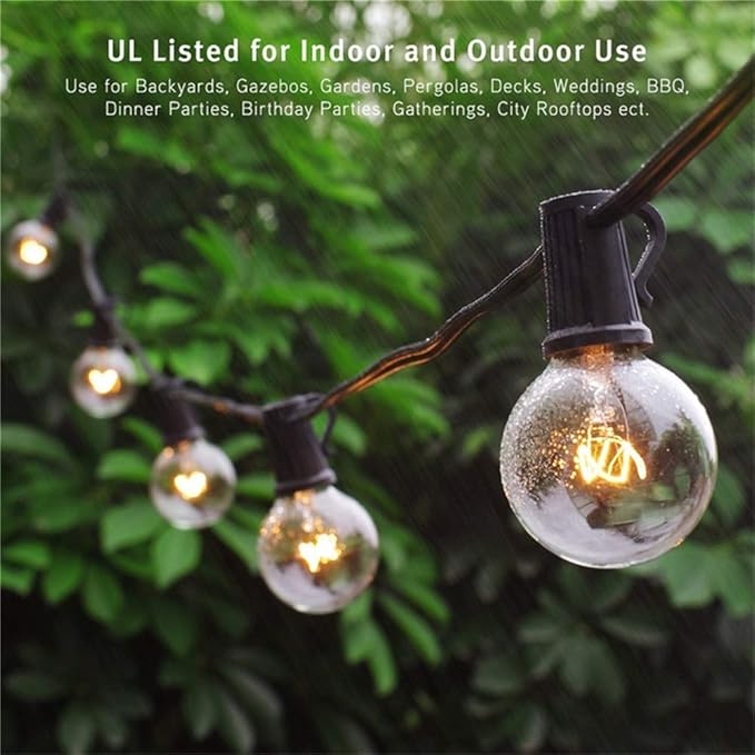 G40 Outdoor Globe String Lights, 25ft Hanging Patio Lights with 27 Incandescent Bulbs (2 Spare), Connectable Backyard Bistro Wedding Decor, E12 Base, 5W-Black Wire