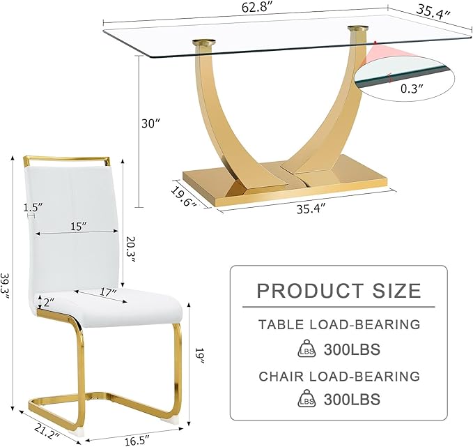 63” Glass Dining Table Set for 6,Gold Dining Room Table Set for 6,Modern Kitchen Table and PU Leather Chairs for 6, Dinner Table with Rectangle Tempered Glass Top and Golden Base