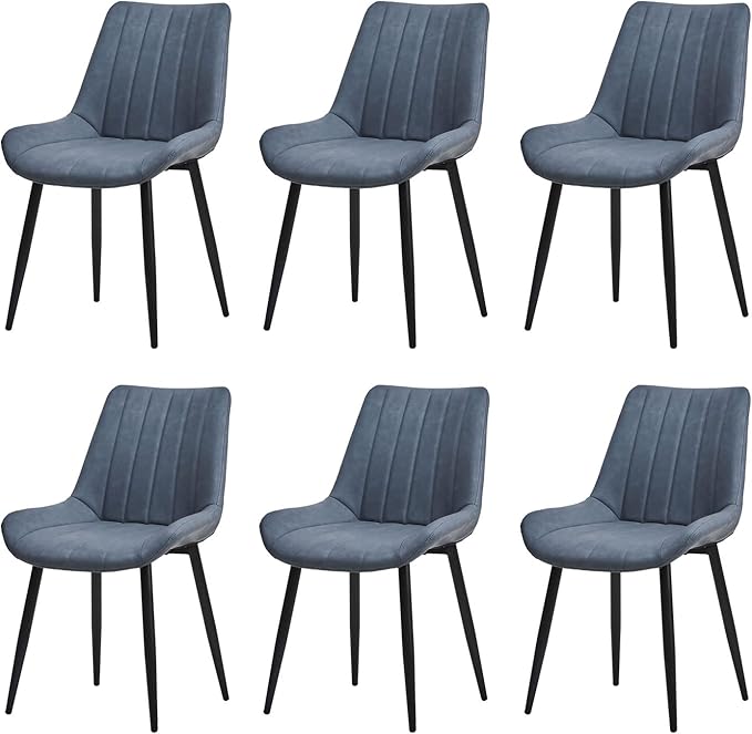TUKAILAi Faux Leather Dining Chairs Set of 6, Modern Linear Design Kitchen Chairs with Upholstered Seat and Metal Legs, Comfortable Side Chairs for Dining Room Restaurant Commercial (Blue)