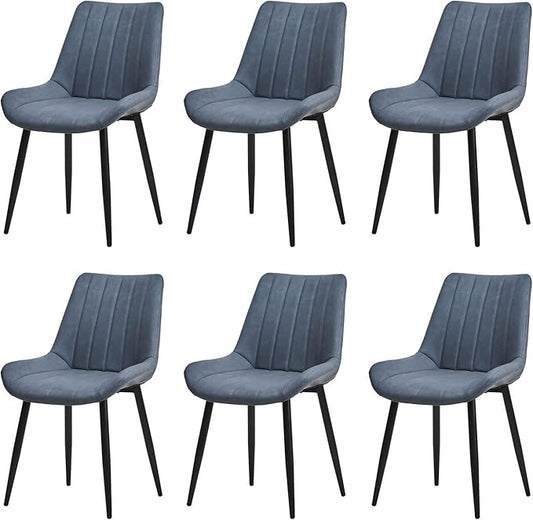 TUKAILAi Faux Leather Dining Chairs Set of 6, Modern Linear Design Kitchen Chairs with Upholstered Seat and Metal Legs, Comfortable Side Chairs for Dining Room Restaurant Commercial (Blue)