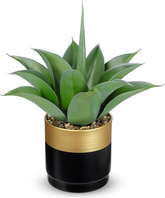 Briful Artificial Agave Plant in Black and Gold Metal Pot, 13 Inch Tall Fake Succulent Potted Plants with Wide Gray-Green Leaves, Faux Houseplant for Modern Home Office Shelf Decor