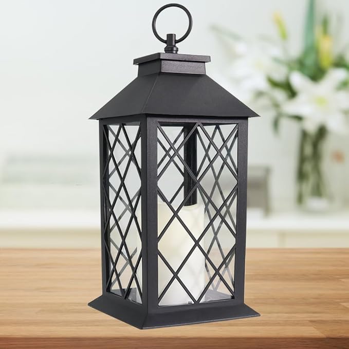 Bright Zeal 13.5" Black Vintage Candle Lantern with LED Pillar Candle and Timer - IP44 Waterproof Outdoor Decorative Hanging Lantern Porch Light