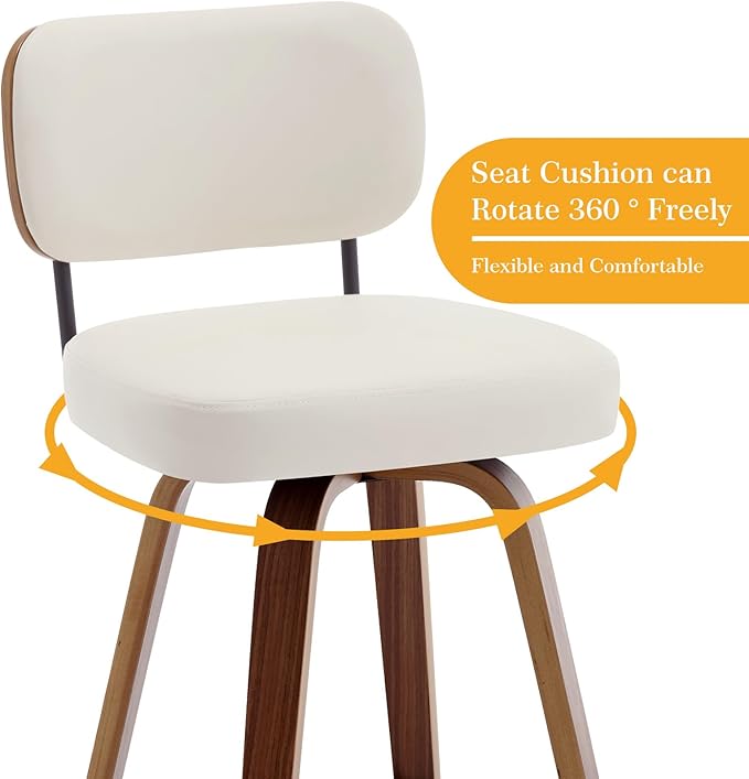 Swivel Bar Stools Set of 4, 29" Upholstered Faux Leather Barstools with Back and Bent Wood Legs, Mid Century Modern Bar Chair Island Stool for Kitchen Counter, Cream White