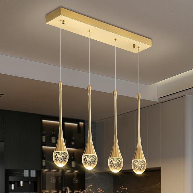 Dining Room Light Fixture 4-Light Gold Kitchen Island Lighting Industrial Linear Crystal Chandeliers for Dining Room Pendant Light Fixture for Living Room Hallway Bedroom