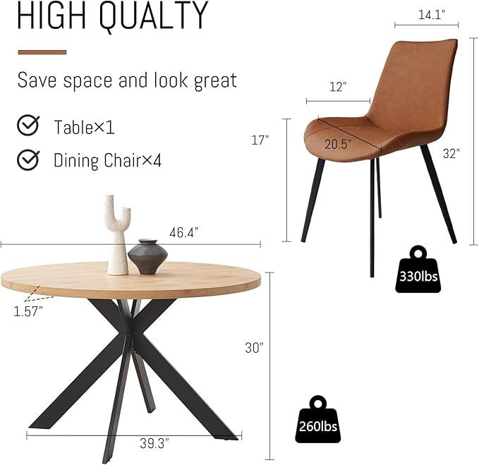 46.4" Round Dining Table Set, Mid Century Modern Round Dining Table for 4-6 Person, w/Steel Legs, Coffee Table for Kitchen Dining Room, Office, Save Space (1 Table with 4 Brown Chairs)