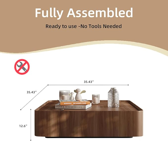 Square Coffee Table Premium Wood Center Table with Hidden Drawers for Living Room,Fully Assembled Elegant Walnut Finish (35.4" Inch)