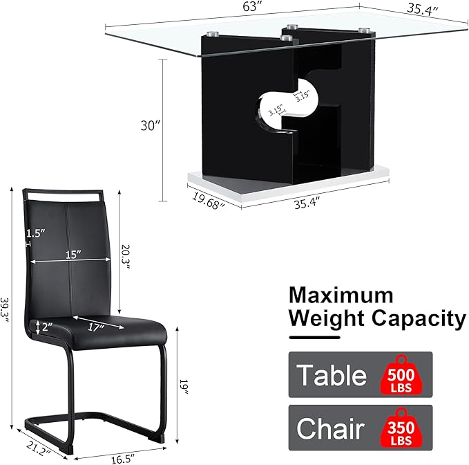 Glass Dining Table Set for 4,5 Piece Dining Table Set, Tempered Glass Table Top and Modern Design MDF Base with 4 PU Leather Ergonomic Dining Chairs