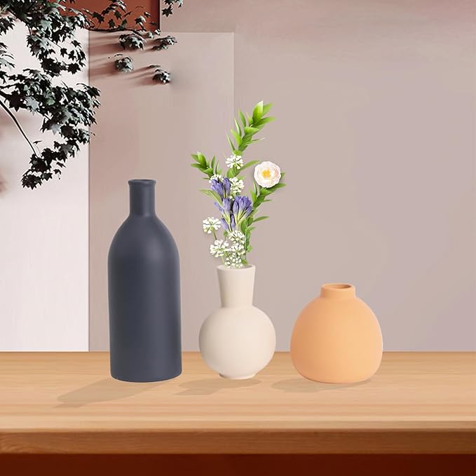 Ceramic Vase Set of 3, Rustic Modern Brown Vases for Bouquet, Fresh or Dried Plants, Home Decor-Modern Decorative Ceramic Flowers Vase for Rustic Home Decor (White-Dark)