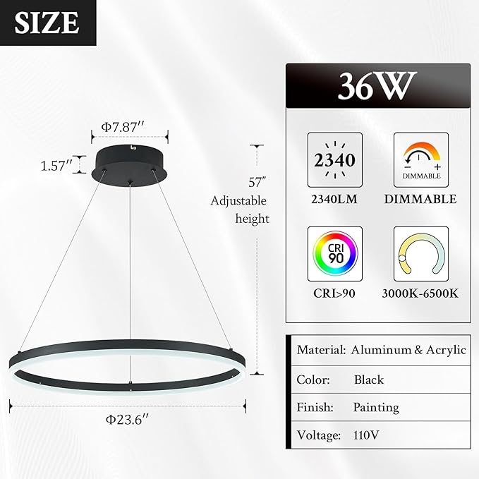 Modern LED Pendant Lighting 24'' Ring Chandelier Black Dimmable LED Chandelier for Dining Room 36W Adjustable Pendant Light Fixture for Living Room Bedroom Home Office Foyer, 3000-6500K