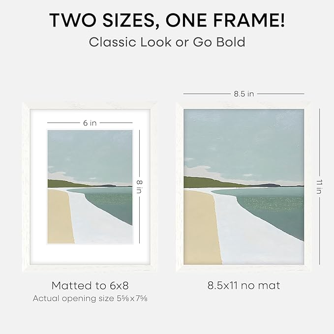 Homeforia 8.5 by 11 Picture Frame White, High End Oak 8.5 x 11 Wood Frames with Mat 6 x 8 inch Photo, 8.5by11 Wooden Frame Matted to 6x8 Art, Wall or Tabletop Frame, Tempered Glass, Wall Kit, Set of 1