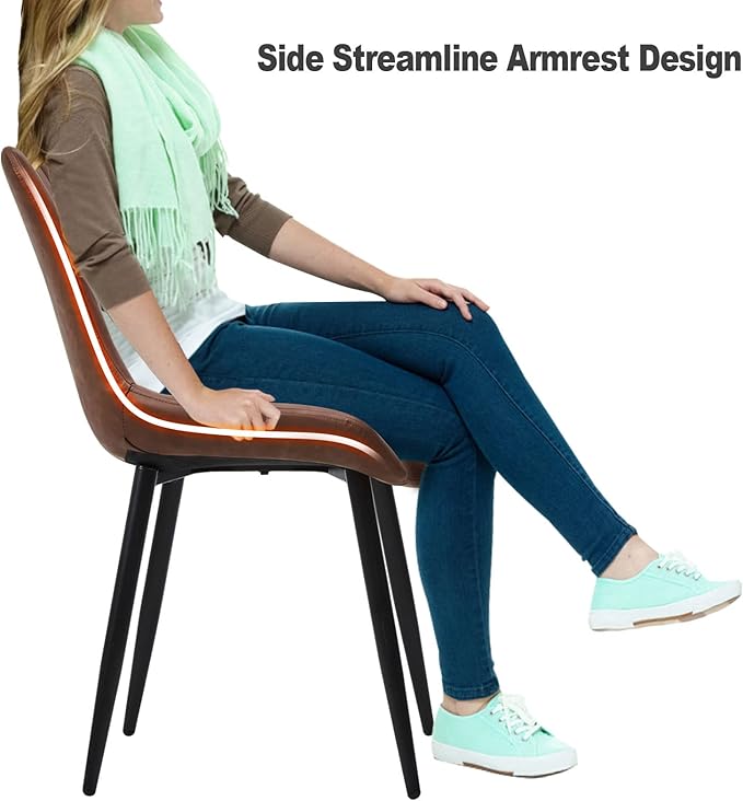 TUKAILAi Faux Leather Dining Chairs Set of 4, Modern Linear Design Kitchen Chairs with Upholstered Seat and Metal Legs, Comfortable Side Chairs for Dining Room Restaurant Commercial (Brown)