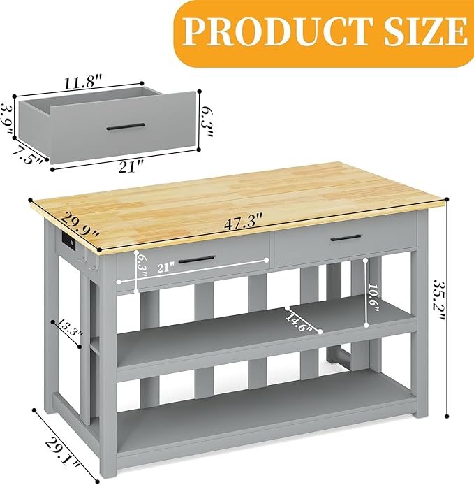 47.3" Solid Rubberwood Kitchen Island with Power Outlets - Extra Large Work Surface, 2 Drawers & Open Shelves Storage Cabinet for Kitchen Dining Room, Farmhouse Style (Grey)
