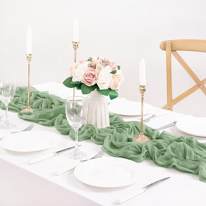 MLMC 3 Pack Sage Green Table Runner 10ft Rustic Boho Cheesecloth Table Runner Cheese Cloth Centerpiece Fall Decor 35x120 Inches for Wedding Bridal Baby Shower Decor