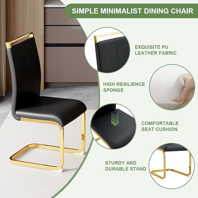 63” Dining Room Table Set for 6,Modern Gold Dining Table Set for 6, Rectangle Kitchen Table Set with Leather Chairs, White Faux Marble Dinner Table Set with Tempered Glass Top and Golden Base