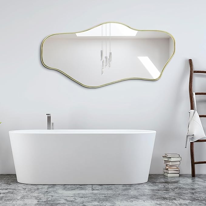 Irregular Wall Mirror, 47.2"x21.5" Asymmetrical Mirror with Gold Metal Frame, Cloud Shaped Waved Decorative Mirrors for Living Room Bathroom Bedroom Hallway Entryway Fireplace