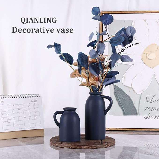 Blue Ceramic Vase with Handles Set - 3 Matte Blue Jug Vases, Farmhouse Country Flower Vase Home Decor, Living Room Decoration, Table Decoration, Fireplace Decor, and Entrance Decorations Centerpieces