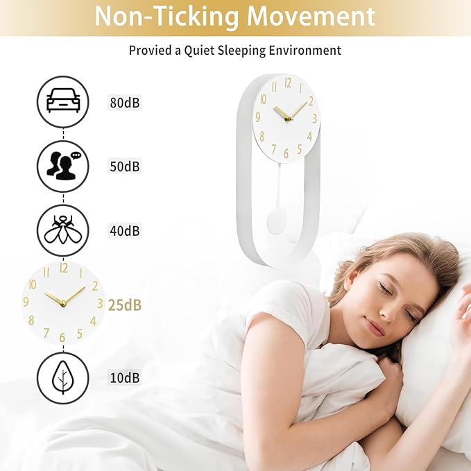 White Wall Pendulum Clock Stylish Minimalist White Wall Clock 8 Inch Modern Decorative Timepiece Silent Gold Included Distinctive Metal Frame Design