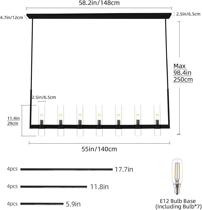 Modern Black Linear Chandelier 59 in,Linear Chandeliers for Dining Room 7 Light, Adjustable Rod Glass Linear Chandelier Over Dining Table, Kitchen Island, Includes Bulbs