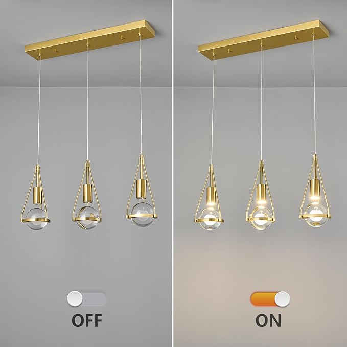 Gold Dandelion Pendant Light in Brushed Brass Finish, 3 Light Modern Crystal Kitchen Island Pendant Lighting Dimmable LED Hanging Ceiling Light Fixture for Kitchen Island Bedroom